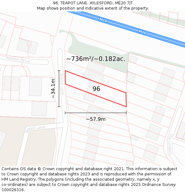 96, TEAPOT LANE, AYLESFORD, ME20 7JT: Plot and title map