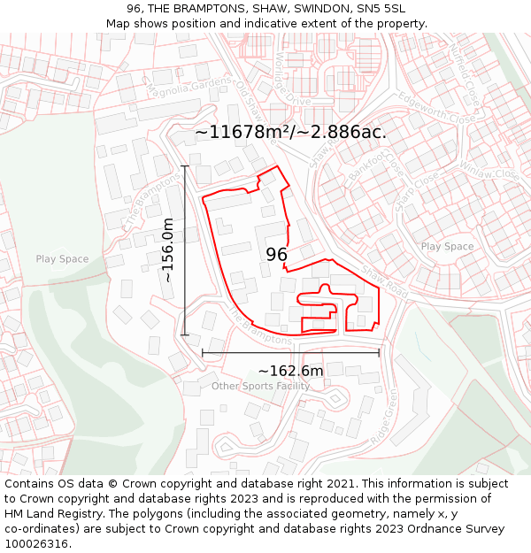 96, THE BRAMPTONS, SHAW, SWINDON, SN5 5SL: Plot and title map