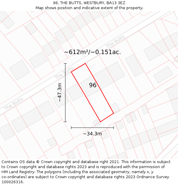 96, THE BUTTS, WESTBURY, BA13 3EZ: Plot and title map