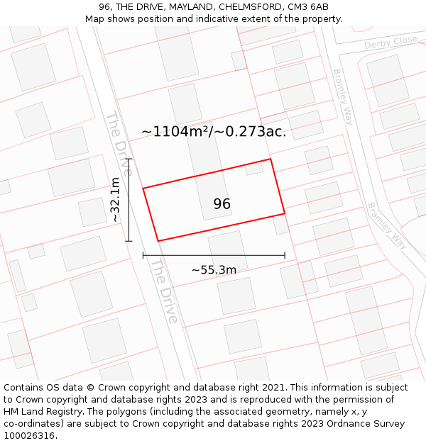 96, THE DRIVE, MAYLAND, CHELMSFORD, CM3 6AB: Plot and title map