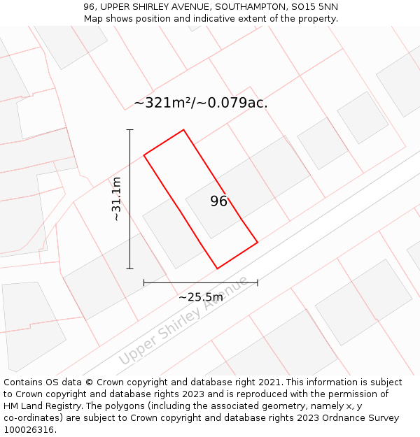 96, UPPER SHIRLEY AVENUE, SOUTHAMPTON, SO15 5NN: Plot and title map