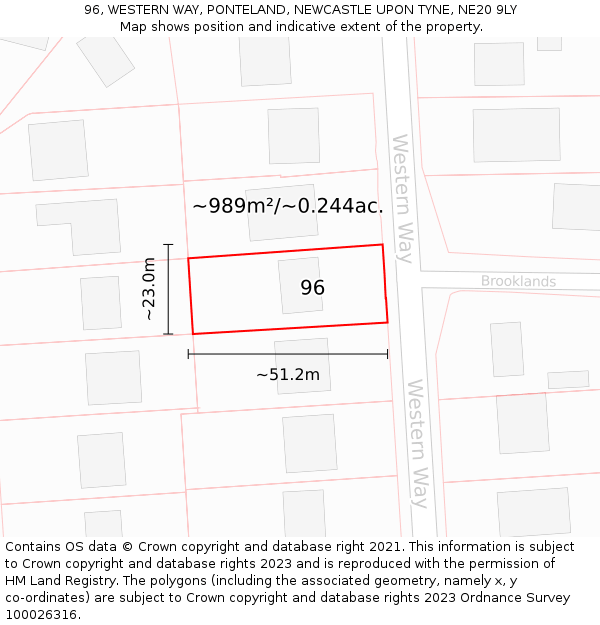 96, WESTERN WAY, PONTELAND, NEWCASTLE UPON TYNE, NE20 9LY: Plot and title map