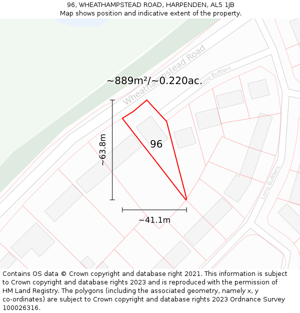 96, WHEATHAMPSTEAD ROAD, HARPENDEN, AL5 1JB: Plot and title map