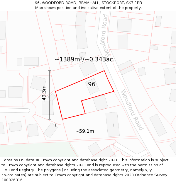 96, WOODFORD ROAD, BRAMHALL, STOCKPORT, SK7 1PB: Plot and title map