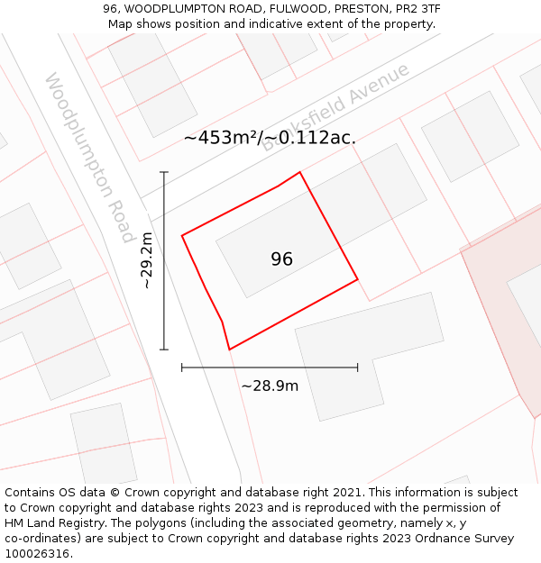 96, WOODPLUMPTON ROAD, FULWOOD, PRESTON, PR2 3TF: Plot and title map