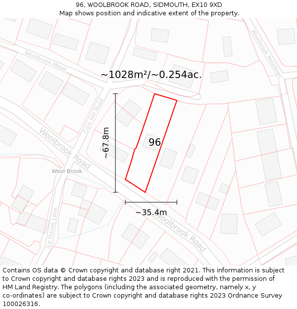 96, WOOLBROOK ROAD, SIDMOUTH, EX10 9XD: Plot and title map