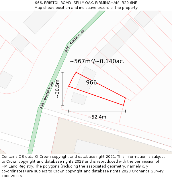 966, BRISTOL ROAD, SELLY OAK, BIRMINGHAM, B29 6NB: Plot and title map