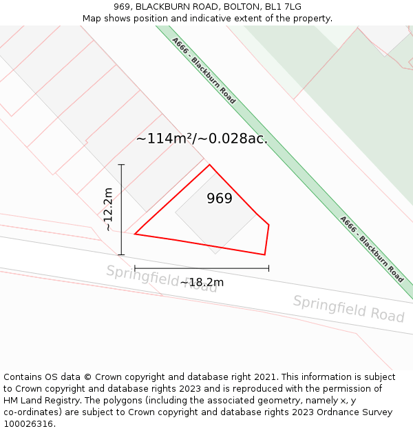 969, BLACKBURN ROAD, BOLTON, BL1 7LG: Plot and title map