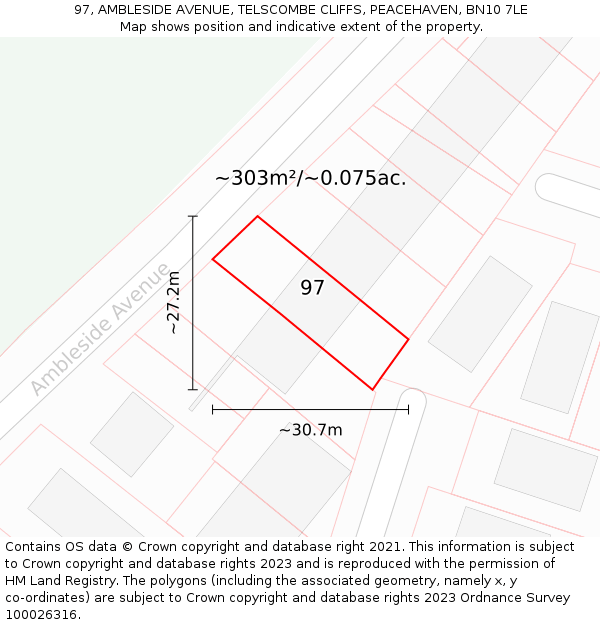 97, AMBLESIDE AVENUE, TELSCOMBE CLIFFS, PEACEHAVEN, BN10 7LE: Plot and title map