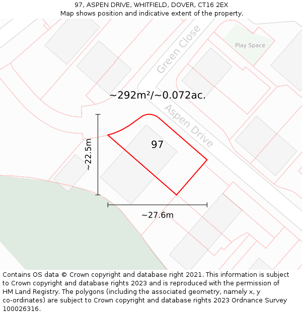 97, ASPEN DRIVE, WHITFIELD, DOVER, CT16 2EX: Plot and title map