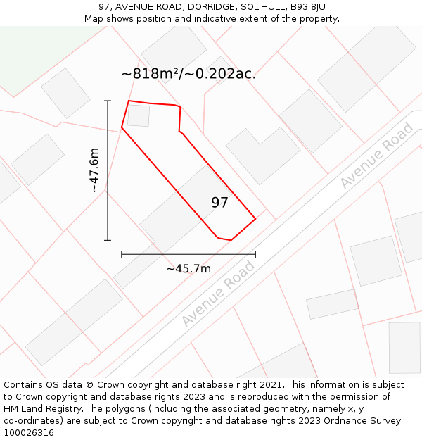 97, AVENUE ROAD, DORRIDGE, SOLIHULL, B93 8JU: Plot and title map