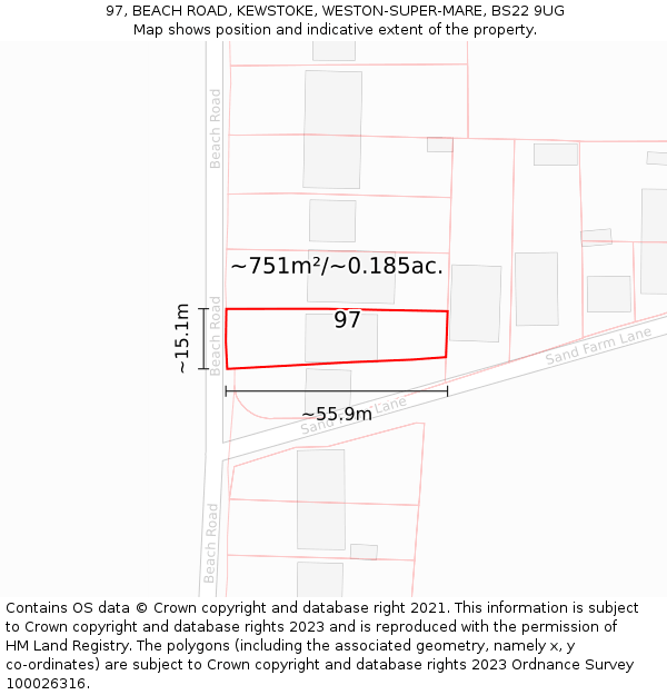 97, BEACH ROAD, KEWSTOKE, WESTON-SUPER-MARE, BS22 9UG: Plot and title map