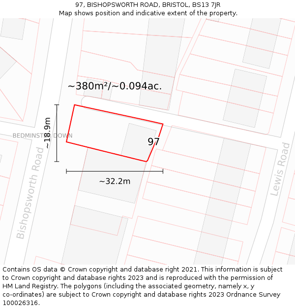 97, BISHOPSWORTH ROAD, BRISTOL, BS13 7JR: Plot and title map