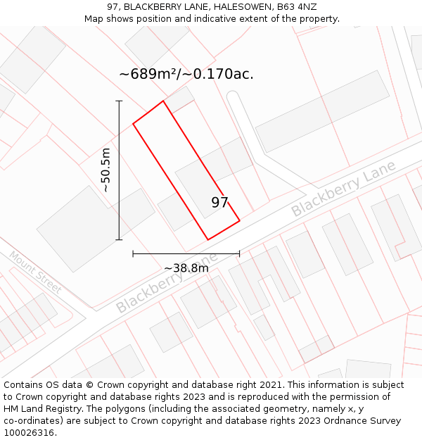 97, BLACKBERRY LANE, HALESOWEN, B63 4NZ: Plot and title map