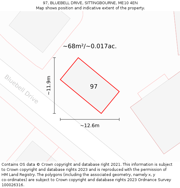 97, BLUEBELL DRIVE, SITTINGBOURNE, ME10 4EN: Plot and title map