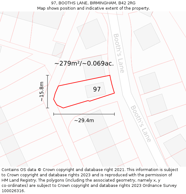 97, BOOTHS LANE, BIRMINGHAM, B42 2RG: Plot and title map