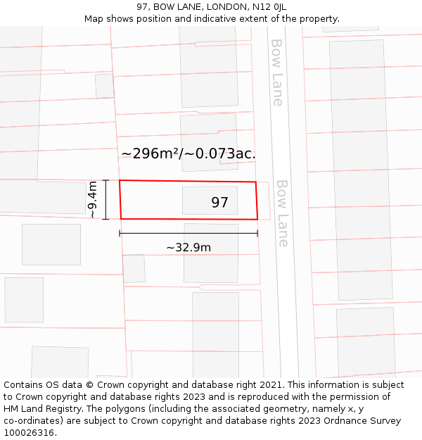 97, BOW LANE, LONDON, N12 0JL: Plot and title map