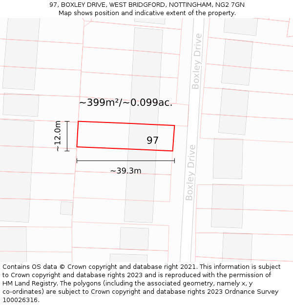 97, BOXLEY DRIVE, WEST BRIDGFORD, NOTTINGHAM, NG2 7GN: Plot and title map