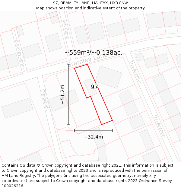 97, BRAMLEY LANE, HALIFAX, HX3 8NW: Plot and title map