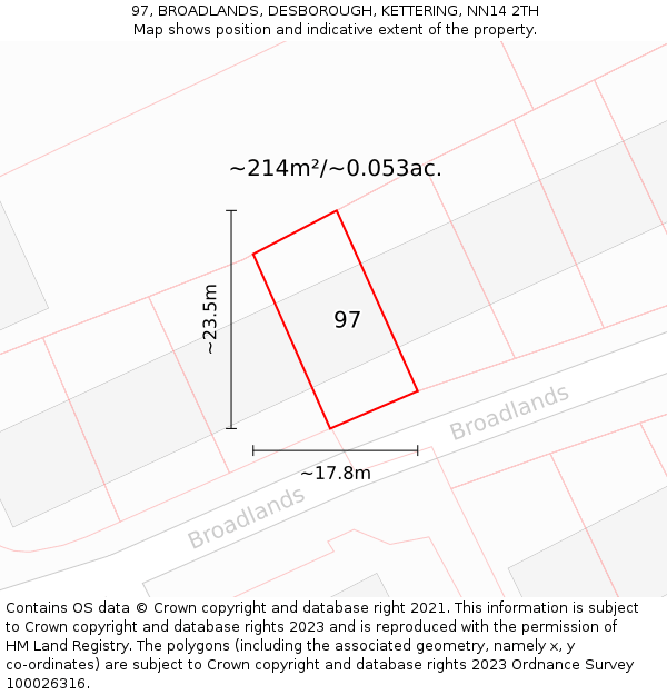 97, BROADLANDS, DESBOROUGH, KETTERING, NN14 2TH: Plot and title map