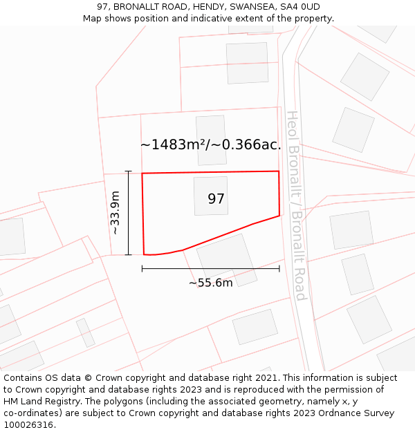 97, BRONALLT ROAD, HENDY, SWANSEA, SA4 0UD: Plot and title map