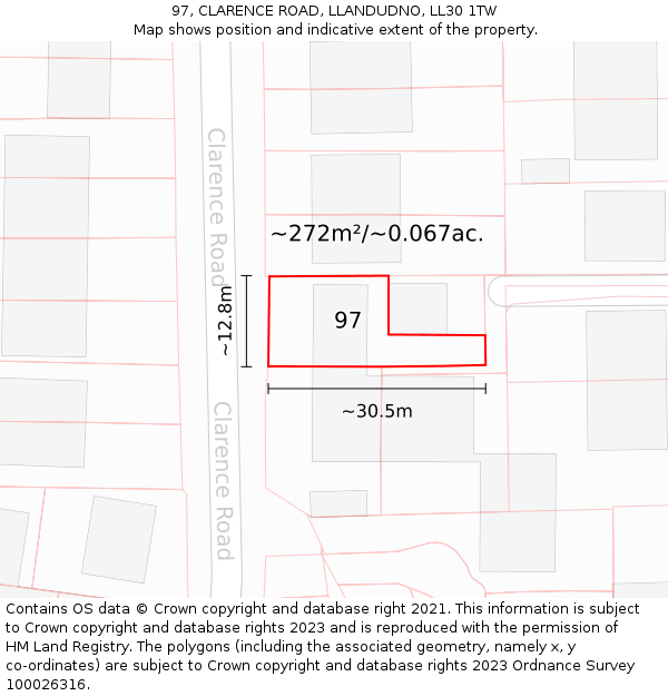 97, CLARENCE ROAD, LLANDUDNO, LL30 1TW: Plot and title map