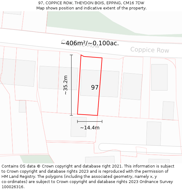 97, COPPICE ROW, THEYDON BOIS, EPPING, CM16 7DW: Plot and title map