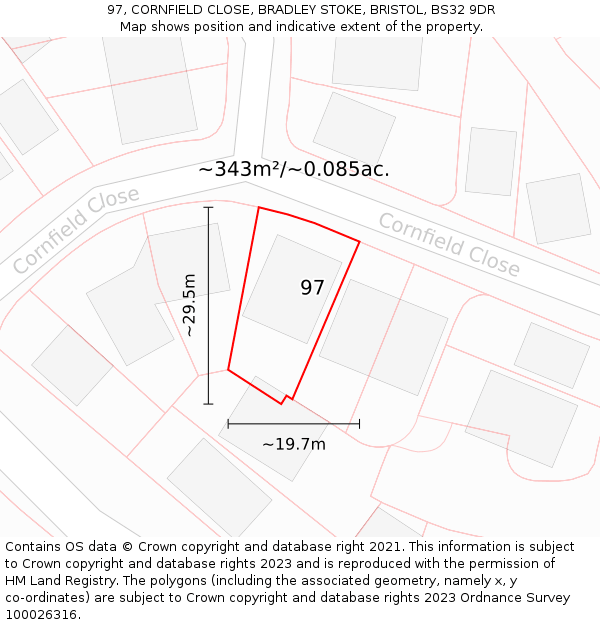 97, CORNFIELD CLOSE, BRADLEY STOKE, BRISTOL, BS32 9DR: Plot and title map