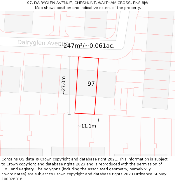 97, DAIRYGLEN AVENUE, CHESHUNT, WALTHAM CROSS, EN8 8JW: Plot and title map