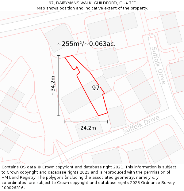 97, DAIRYMANS WALK, GUILDFORD, GU4 7FF: Plot and title map