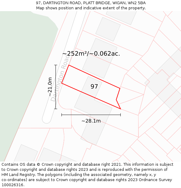 97, DARTINGTON ROAD, PLATT BRIDGE, WIGAN, WN2 5BA: Plot and title map