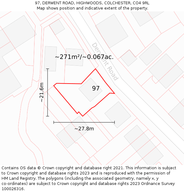 97, DERWENT ROAD, HIGHWOODS, COLCHESTER, CO4 9RL: Plot and title map