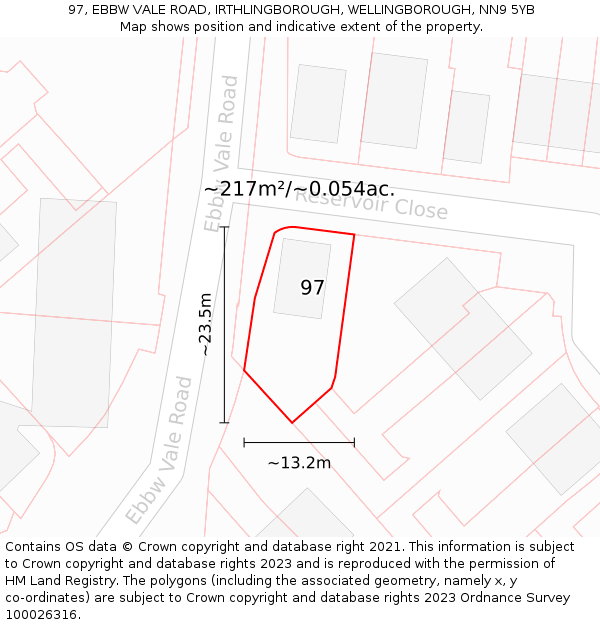 97, EBBW VALE ROAD, IRTHLINGBOROUGH, WELLINGBOROUGH, NN9 5YB: Plot and title map