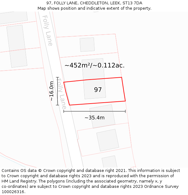 97, FOLLY LANE, CHEDDLETON, LEEK, ST13 7DA: Plot and title map