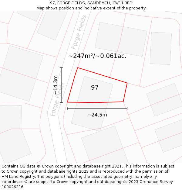 97, FORGE FIELDS, SANDBACH, CW11 3RD: Plot and title map