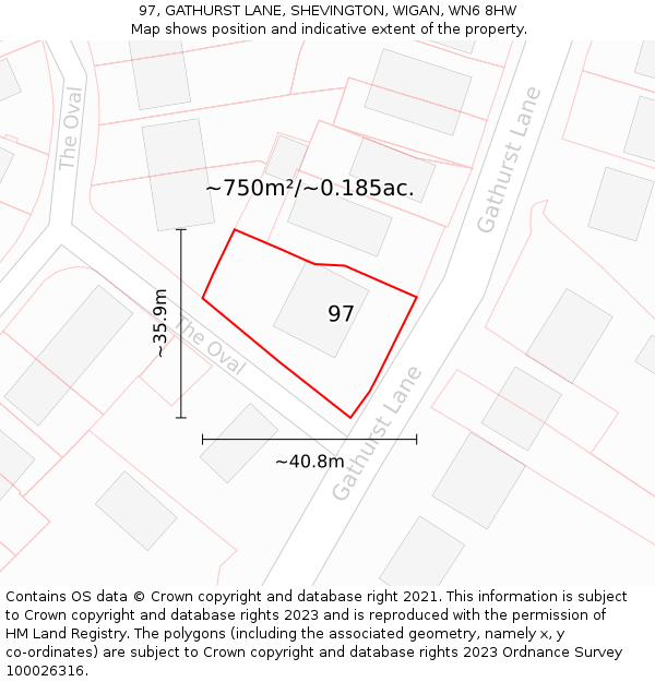 97, GATHURST LANE, SHEVINGTON, WIGAN, WN6 8HW: Plot and title map