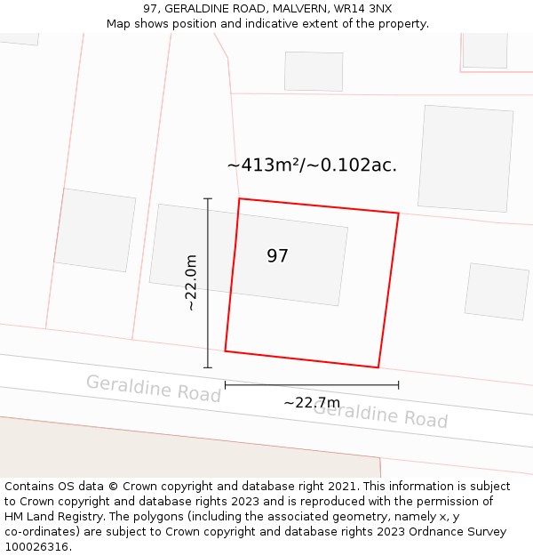 97, GERALDINE ROAD, MALVERN, WR14 3NX: Plot and title map