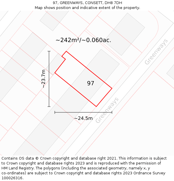 97, GREENWAYS, CONSETT, DH8 7DH: Plot and title map