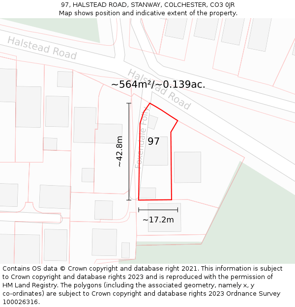 97, HALSTEAD ROAD, STANWAY, COLCHESTER, CO3 0JR: Plot and title map