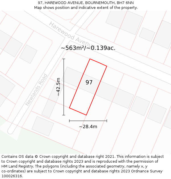 97, HAREWOOD AVENUE, BOURNEMOUTH, BH7 6NN: Plot and title map