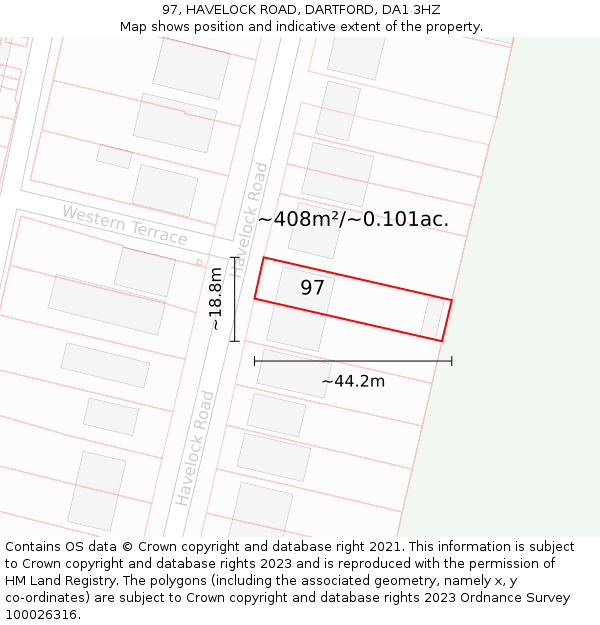 97, HAVELOCK ROAD, DARTFORD, DA1 3HZ: Plot and title map