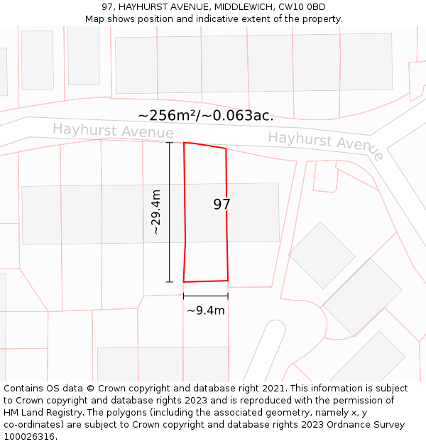 97, HAYHURST AVENUE, MIDDLEWICH, CW10 0BD: Plot and title map