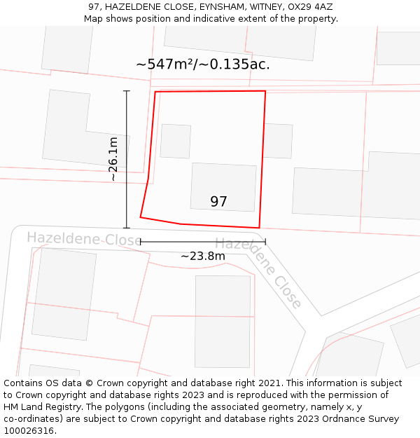 97, HAZELDENE CLOSE, EYNSHAM, WITNEY, OX29 4AZ: Plot and title map