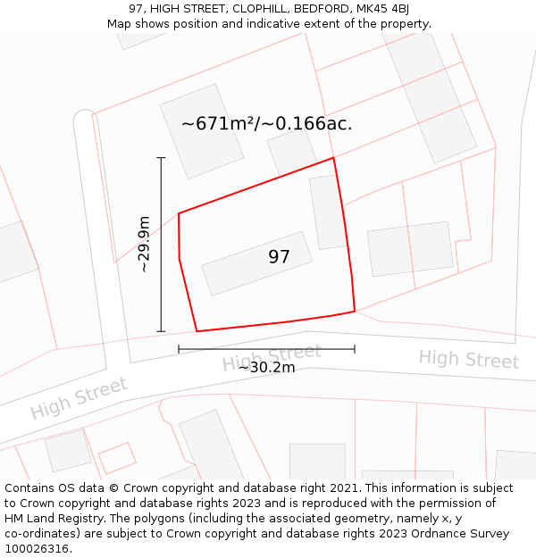 97, HIGH STREET, CLOPHILL, BEDFORD, MK45 4BJ: Plot and title map