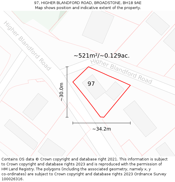 97, HIGHER BLANDFORD ROAD, BROADSTONE, BH18 9AE: Plot and title map