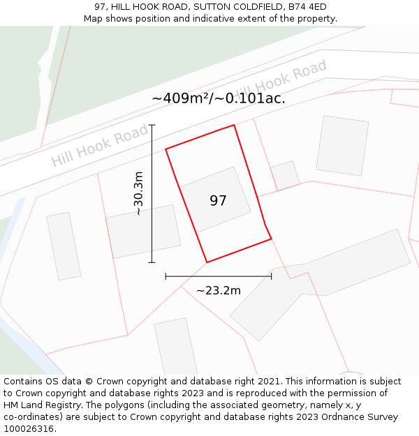 97, HILL HOOK ROAD, SUTTON COLDFIELD, B74 4ED: Plot and title map