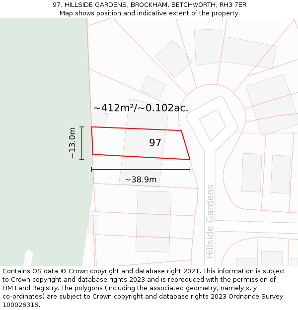 97, HILLSIDE GARDENS, BROCKHAM, BETCHWORTH, RH3 7ER: Plot and title map