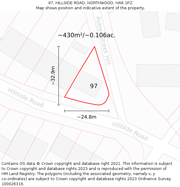 97, HILLSIDE ROAD, NORTHWOOD, HA6 1PZ: Plot and title map