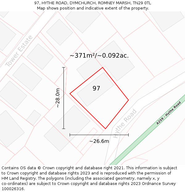 97, HYTHE ROAD, DYMCHURCH, ROMNEY MARSH, TN29 0TL: Plot and title map