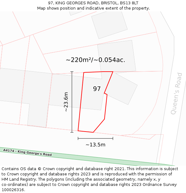 97, KING GEORGES ROAD, BRISTOL, BS13 8LT: Plot and title map